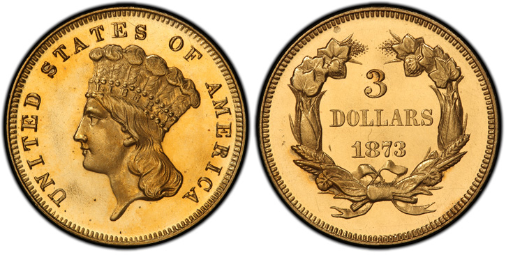1873 Three-Dollar Gold Piece. Open 3. Proof-65+ Cameo (PCGS).